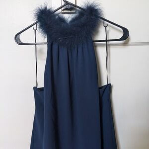 Elegant Navy Halter Top with Faux Fur Trim